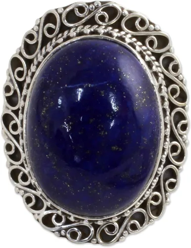 Miniatura 5 de NOVICA Anillo de cóctel hecho a mano de plata de ley 925 lapislázuli con piedra natal azul de la India 'Swirling Sky