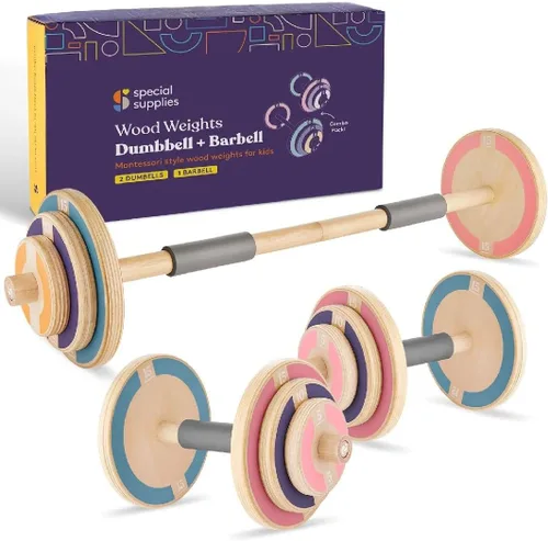 Miniatura 7 de Special Supplies Juego de pesas de madera para niños, juego de mancuernas ajustables y mancuernas para equipo de gimnasio en casa, juego