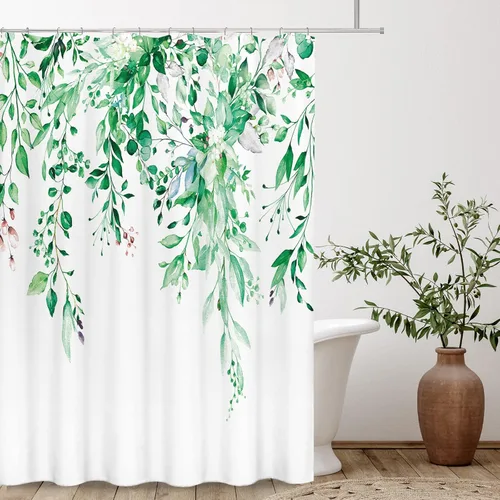 Miniatura 2 de Tititex - Juego de cortinas de regadera de eucalipto verde esmeralda, hojas de acuarela en la parte superior, decoración floral de baño, 60 x 72