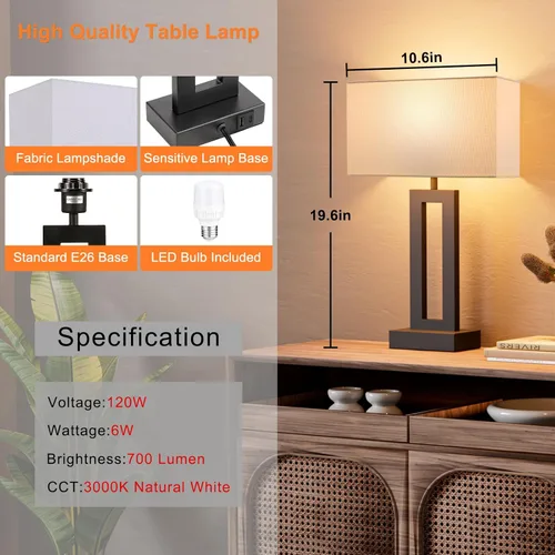 Miniatura 6 de Juego de 2 lámparas de mesa de noche para dormitorio, lámpara de noche táctil con USB C+A, lámparas de sala de estar regulables de 3 vías para mesas