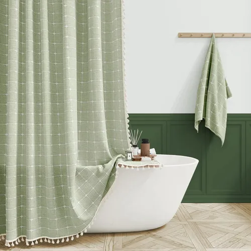 Miniatura 41 de BTTN Juego de cortinas de ducha estilo bohemio de granja con borlas, tela rústica de lino resistente, repelente al agua, cortinas de ducha gruesas A