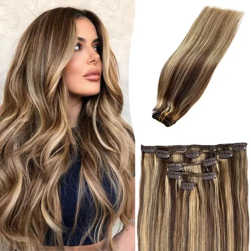 Miniatura 24 de Extensiones de cabello rubio ceniza con reflejos, extensiones de cabello humano real con clip, de 12 pulgadas, 2.47 onzas, doble trama, invisible