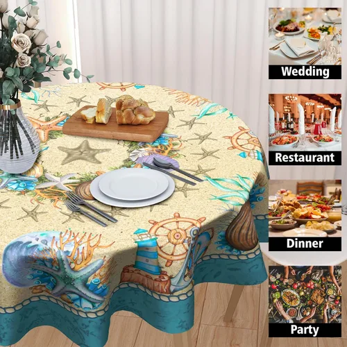 Miniatura 4 de Giwawa Mantel redondo de playa de verano de 60 pulgadas, corona costera de conchas con temática marina, tela impermeable, cubierta de mantel