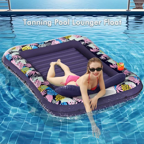 Miniatura 7 de OKSUWATER - Flotador para tumbona de piscina, de 75 x 51 pulgadas, para adultos, con reposacabezas y soporte para bebidas, cama inflable para tomar