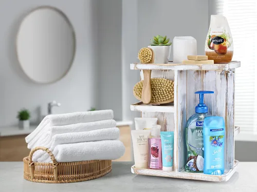 Miniatura 4 de Sorbus Organizador de Maquillaje de 360° - Carrusel de Almacenamiento de Madera Rústica Gris para Cosméticos, Maquillaje, Organizador de Cuidado