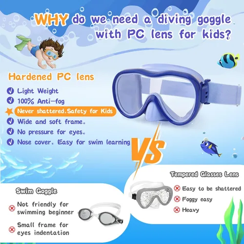 Miniatura 4 de Máscara de snorkel para niños, máscara de buceo de 180° con cubierta para la nariz, gafas de natación antiniebla para niños con correa de tela Azul