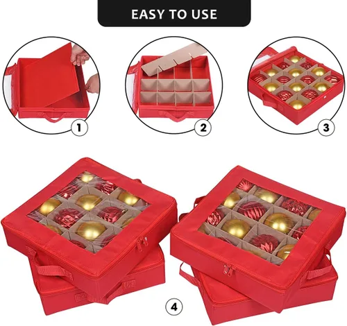 Miniatura 3 de ProPik 4 Piezas Cajas de Almacenamiento de Adornos Navideños con Divisores 4 Bandejas Individuales con Capacidad para 64 Bolas de Decoración Rojo