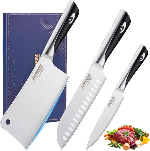 Topfeel Juego de cuchillos de carnicero para carne, 3 piezas, picador de huesos de 7 pulgadas, cuchillo Santoku de 7 pulgadas y cuchillo utilitario