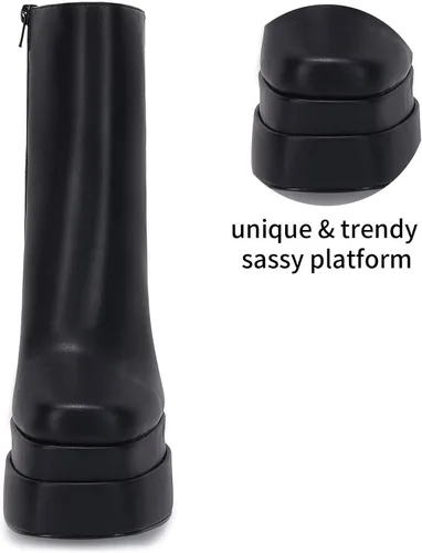 Miniatura 6 de VETASTE Botas de plataforma para mujer, puntera cuadrada, tacón grueso, cremallera lateral, botas de tobillo cómodas de combate góticas