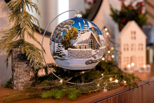Miniatura 2 de Adorno navideño de capilla azul con soporte, bola de vidrio soplado polaco pintada a mano, bola extra grande de 8 pulgadas/200mm, adorno de fe eterna