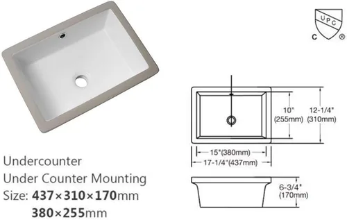 Miniatura 5 de Lordear Fregadero de baño de 18 x 12 pulgadas para empotrar bajo encimera, fregaderos de tocador rectangulares de cerámica de porcelana blanca pura