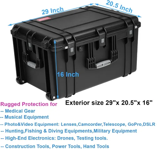 Miniatura 2 de Regetek Funda rígida impermeable con ruedas, espuma personalizable de 29 x 20.5 x 16 pulgadas, funda de transporte de equipo para cámara, dron