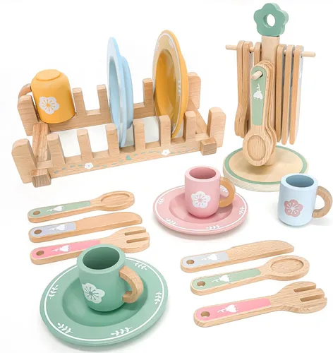 Accesorios de cocina de madera para niños pequeños de 3 años en adelante, 22 piezas de cocina para niños con lindo estante para cubiertos y estante