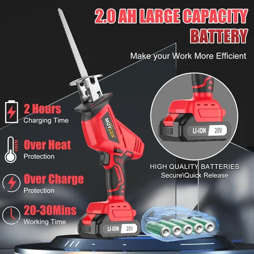 Miniatura 6 de Sierra recíproca inalámbrica, sierra eléctrica con batería y cargador, sierras eléctricas de batería de 20 V, velocidad variable de 0-3500 SPM