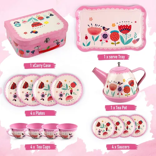 Miniatura 2 de D-FantiX Juego de té para niños y niñas, 15 piezas, juego de fiesta de té de lata rosa para niños pequeños, juego de té de la tarde con teteras