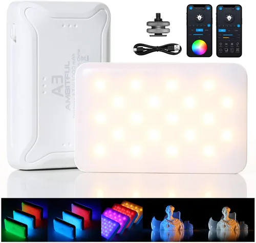 AMBITFUL Mini luz LED RGB A3 a todo color, efectos FX incorporados, 350LX (0.5M, 5500K) RA/95 TLCI/97,2800-6800K Panel de luz de video LED con