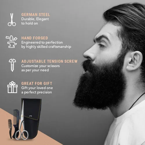 Miniatura 3 de Ontaki Tijeras para recortar barba y bigote, 5 pulgadas, color plateado, paquete de 1, kit de cuidado de bigote con peine de viaje, bolsa de viaje