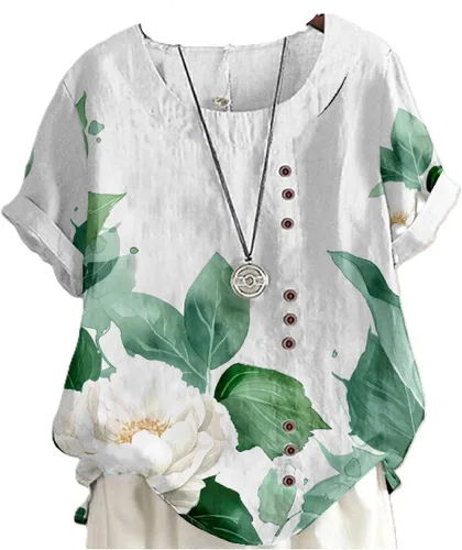 Miniatura 23 de domirica Camisetas de verano para mujer 2024 con estampado de flores, algodón, lino, manga corta, cuello redondo, camisas casuales de moda
