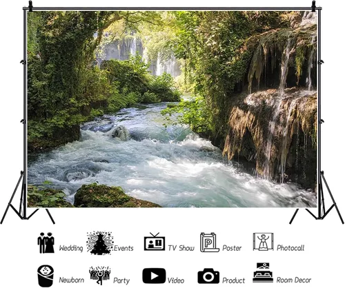 Miniatura 5 de Fondos de vinilo de bosque verde de 9 x 6 pies para fotografía, paisaje de montaña y agua, hermosa cascada y río, árbol antiguo al aire libre