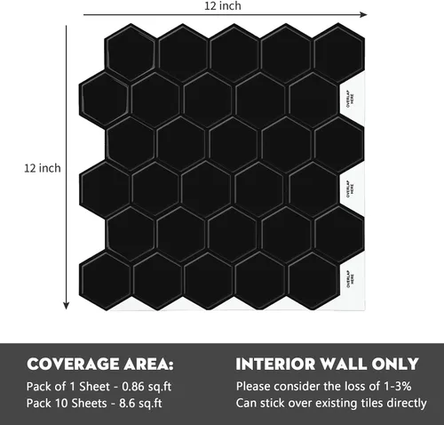 Miniatura 2 de Azulejos hexagonales negros para despegar y pegar, 12 x 12 pulgadas, adhesivo 3D autoadhesivo para pared de cocina y baño (10 hojas)