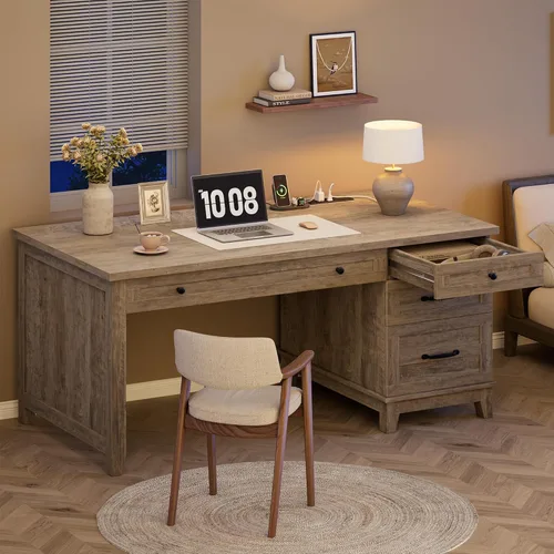 GAOMON Escritorio ejecutivo de madera de 54.5 pulgadas con cajones, mesa de computadora de oficina con estación de carga, escritorio de oficina en