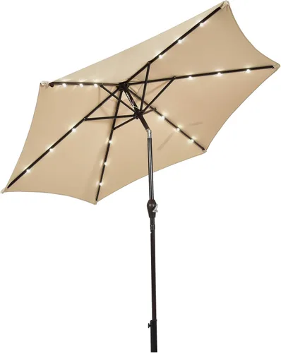Tangkula Sombrilla solar de patio de 9 pies, sombrilla de mercado de mesa al aire libre con 18 luces LED, ajuste de inclinación, mango de manivela,
