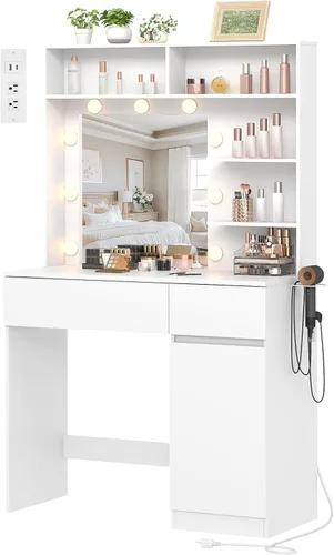Escritorio Draelibor con espejo, blanco, para espacios pequeños y dormitorios | Luces LED y toma de corriente, 1 armario y 2 cajones, 3 modos de