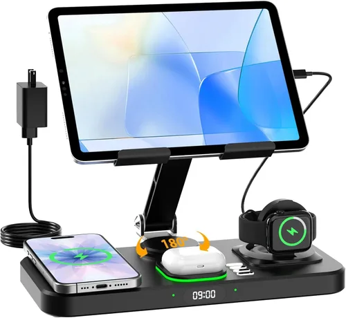 Estación de carga de 30W para productos Apple, cargador inalámbrico plegable con pantalla de reloj y luz de 7 colores, carga por cable para estación