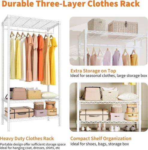 Miniatura 4 de Perchero de ropa resistente, perchero portátil de metal con estantes ajustables de 3 niveles, estantes de ropa independientes para colgar ropa