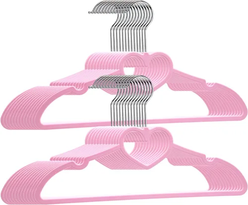 Perchas de plástico, paquete de 20 unidades, perchas rosas ultra delgadas que ahorran espacio - Lindas perchas con forma de corazón en rosa, perchas