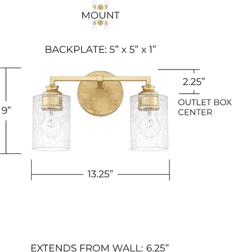 Miniatura 2 de Capital Lighting 120521CG-422 Milan - Soporte de pared para tocador de baño de vidrio helado, 2 luces, 200 vatios en total, 9 pulgadas de alto x 13