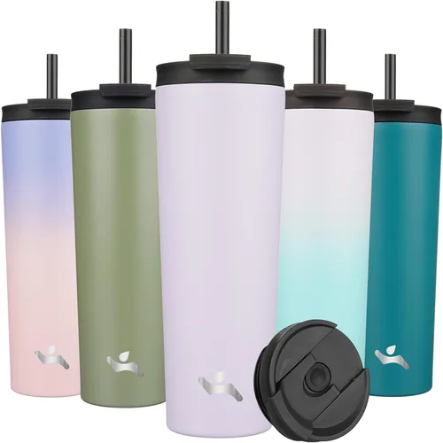 Miniatura 38 de Konokyo Vaso aislado de 18 onzas con tapa y 2 pajillas, botella de agua de acero inoxidable, taza de viaje al vacío, taza de café, color blanco ángel