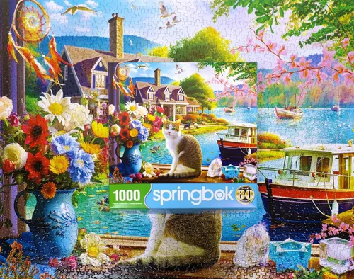 Miniatura 3 de Springbok Crisp Morning - Rompecabezas de 1000 piezas para adultos y familias, cuenta con un gato disfrutando de una vista junto al lago