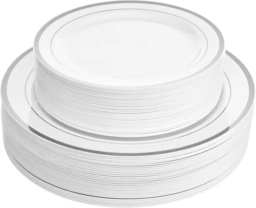 Miniatura 12 de Aya's Cutlery Kingdom 100 platos de plástico transparente para fiestas, juego de 50 platos desechables resistentes para cena y 50 platos de postre