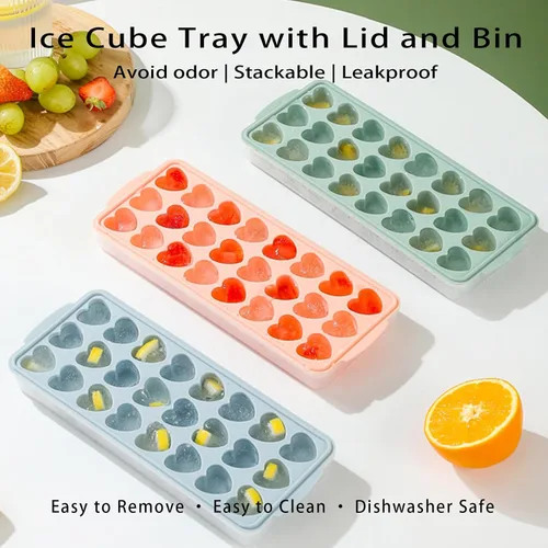 Miniatura 4 de Paquete de 2 bandejas de cubitos de hielo en forma de corazón con tapa y contenedor - 48 agujeros, bandeja de cubitos de hielo mini de corazón