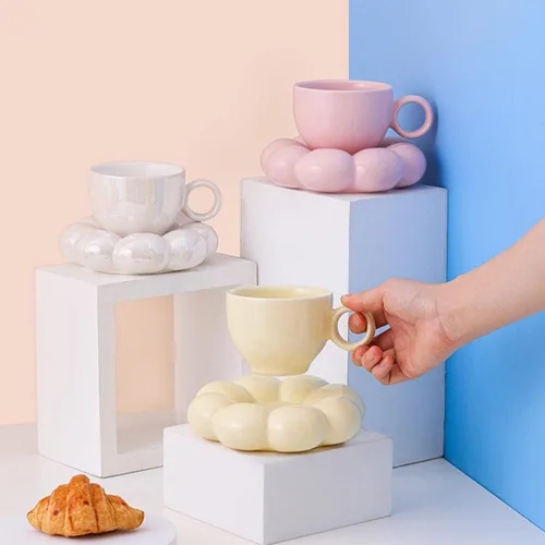 Miniatura 2 de Taza de café de cerámica, taza de capuchino de 7 onzas, tazas de café de cerámica con platillos, aptas para microondas y lavavajillas, juego de taza