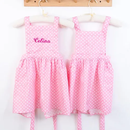 Miniatura 2 de MT WORLD Delantal para niños personalizado, delantal para niños pequeños para niñas, delantal de lino bordado, delantales para niños con lunares