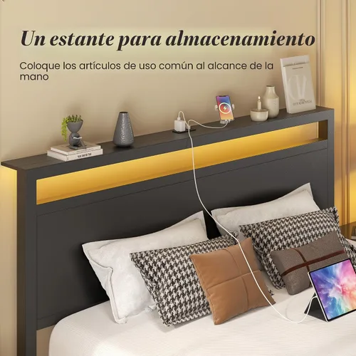 Miniatura 6 de Fluest Queen Bed Frame with Headboard & Footboard, Bed Frame with Built-in Charging Station & LED Light, Storage Shelf, Noise-Free, No Box Spring