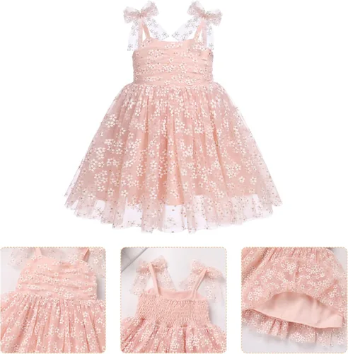 Miniatura 6 de ODASDO Vestido de fiesta de cumpleaños para niñas pequeñas, con lazo, tirantes delgados, tutú de tul, vestido de princesa, concurso de fiesta