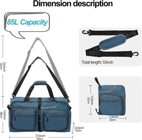 Miniatura 2 de Bolsa de viaje plegable de 65 litros con compartimento para zapatos y bolsillo húmedo, impermeable y resistente a desgarros, A4-azul oscuro