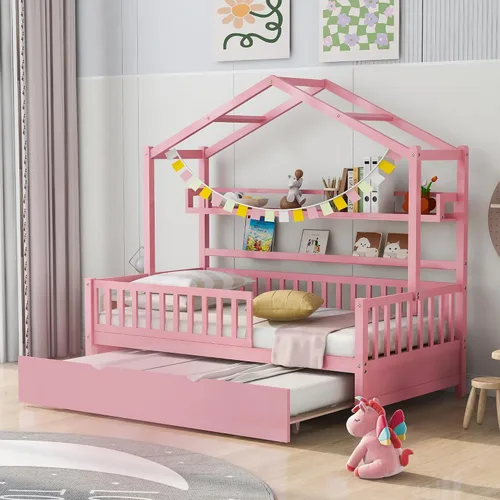 Miniatura 18 de Quarte Cama moderna de tamaño matrimonial con estantes de almacenamiento y cama nido de tamaño individual, sofá cama de madera para niños y niñas