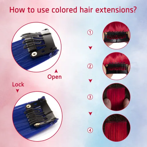 Miniatura 5 de 20 extensiones de cabello con clip de colores para niñas, extensiones de cabello arcoíris multicolor de 20 pulgadas, reflejos instantáneos, piezas