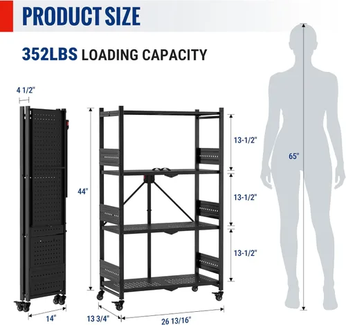 Miniatura 3 de WORKPRO Estante plegable de 4 niveles, estante de almacenamiento de metal sin montaje con ruedas, capacidad de 600 libras (con pies niveladores)