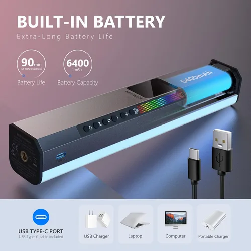 Miniatura 7 de NEEWER Barra de luz de video LED RGB, barra táctil y control de aplicación, varita magnética de iluminación de fotografía portátil, regulable 3200K