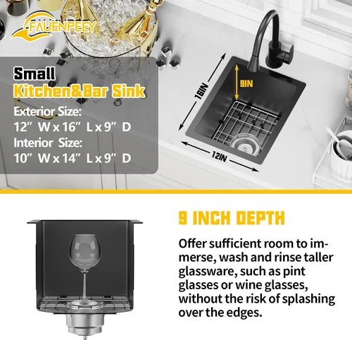 Miniatura 3 de Fregadero de cocina y bar negro de 12 x 16 pulgadas, pequeño tazón de acero inoxidable para montaje inferior, fregadero de cocina y bar, elección