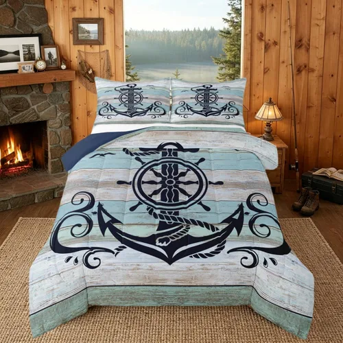 Miniatura 31 de Erosebridal Juego de edredón de ancla náutica, juego de ropa de cama con brújula oceánica, tamaño individual para niños, adolescentes y adultos