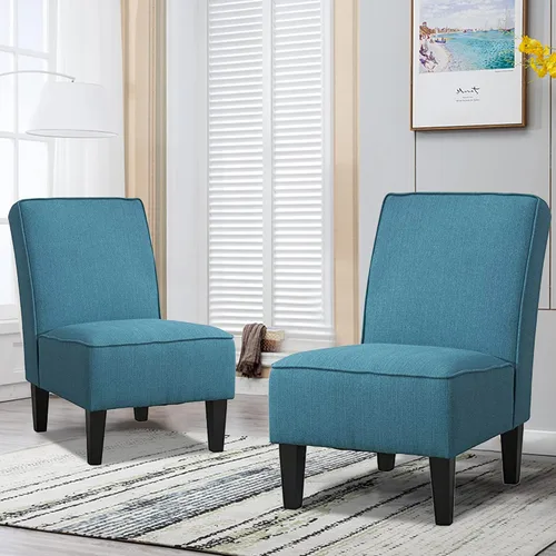 Miniatura 3 de Silla decorativa tapizada sin brazos para sala de estar, juego de 2 sillas deslizantes para dormitorio, tela de lino azul