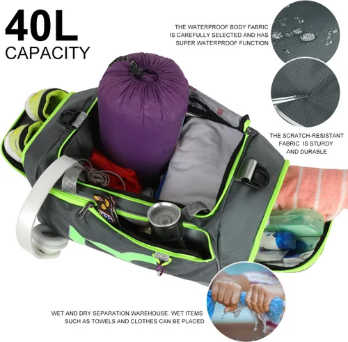 Miniatura 4 de INOXTO Bolsa de deporte de fitness con compartimento para zapatos, impermeable, bolsa de viaje para mujeres y hombres, Gris, verde