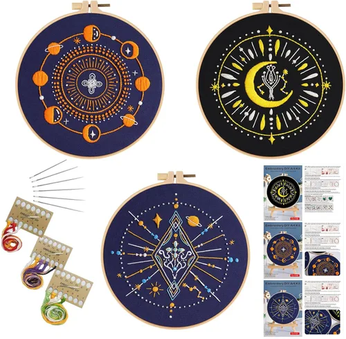 Miniatura 17 de Kit de bordado para principiantes, kits de punto de cruz para adultos, manualidades, 3 piezas, patrón de bordado, hilo de bordado de tela y agujas
