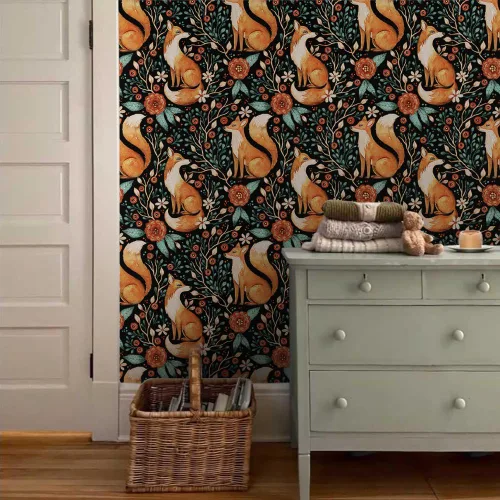 Miniatura 3 de Papel tapiz autoadhesivo de 18 x 236 pulgadas, diseño floral de zorros salvajes oscuros, papel de contacto extraíble, papel de pared fácil